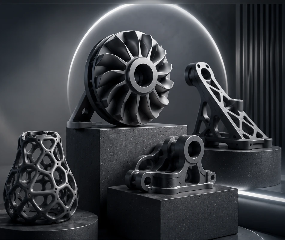 Peças metálicas impressas em 3D expostas sobre pedestais: um rotor de turbina, um suporte vazado, um braço estrutural e um vaso de estrutura orgânica.